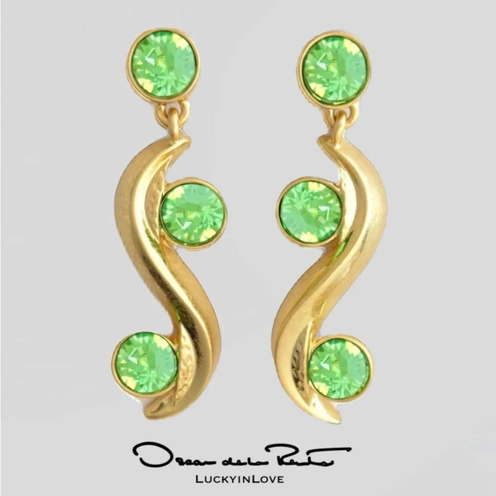 Oscar de la Renta Crystal Wave Drop Earrings Gold with Green Crystals